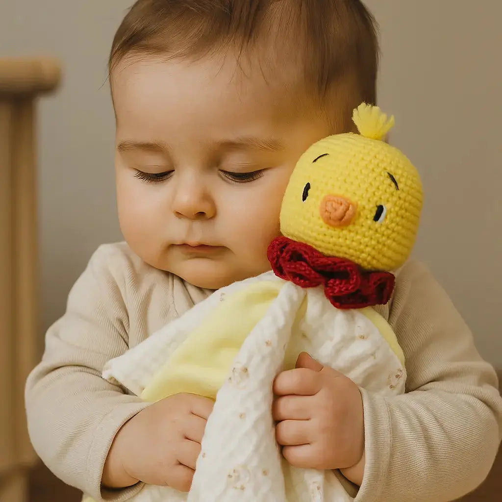 Doudou poussin jaune au crochet avec prénom personnalisé