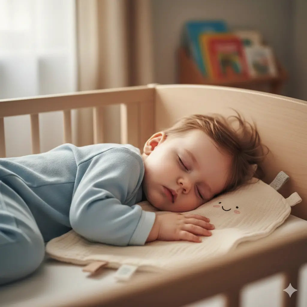 Bébé endormi paisiblement dans son berceau serrant un doudou plat artisanal Chtitdoudou en coton bio.