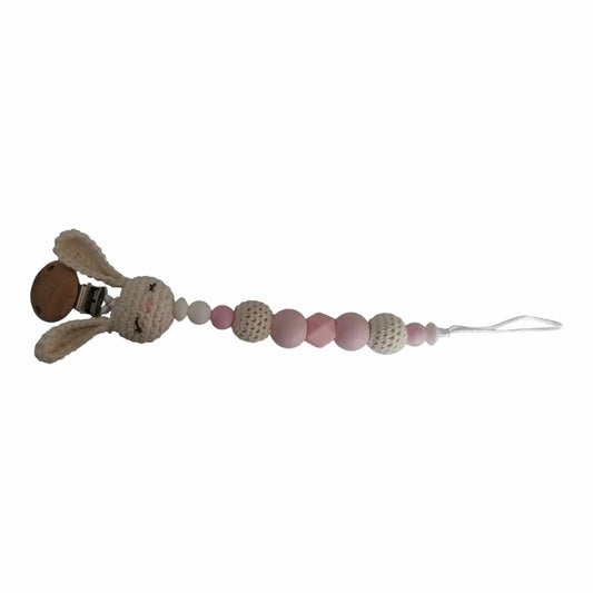 Attache tétine en perles bois et silicone, tête de lapin au crochet rose et beige