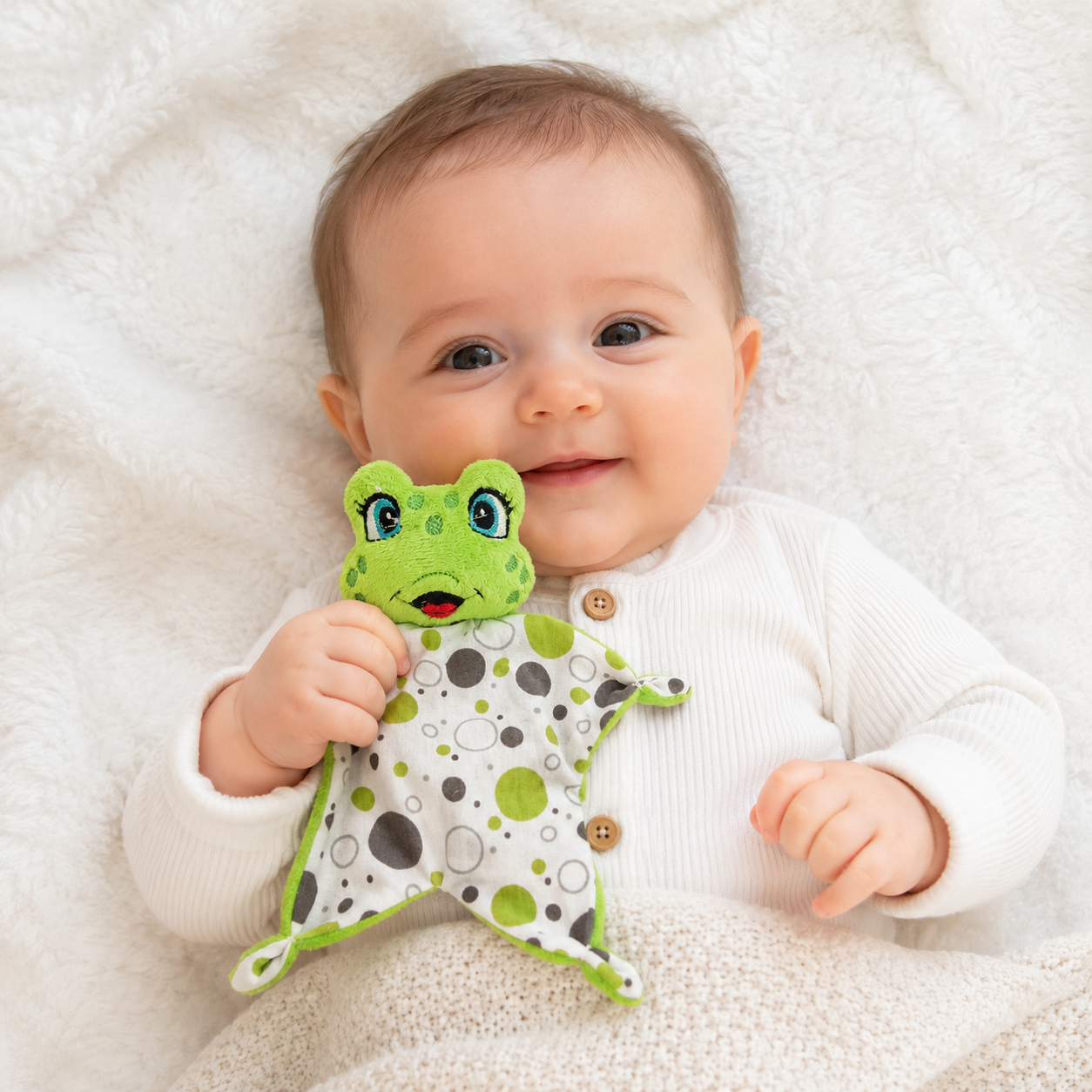 Enfant tenant un mini doudou grenouille 16 cm en peluche avec lange à pois vert et gris