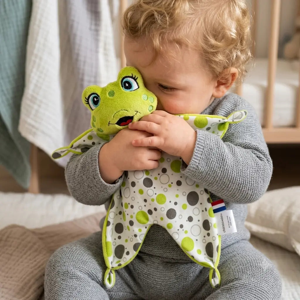 Doudou grenouille personnalisé Chtitdoudou câliné par un bébé, tissu à pois vert et blanc