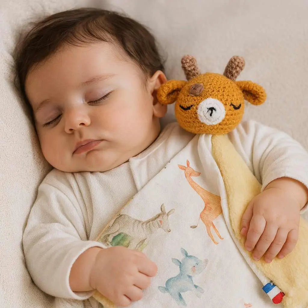 Doudou crochet girafe fait main avec tissu doux et tête crochetée, doudou personnalisé pour bébé