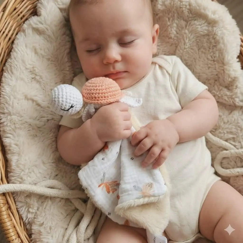 Bébé qui dort paisiblement en serrant son doudou personnalisé au crochet en forme de tortue fait main.