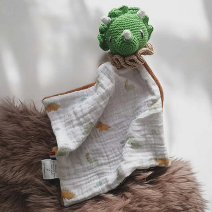 Doudou dinosaure personnalisé au crochet pour bébé avec lange en coton doux fait main