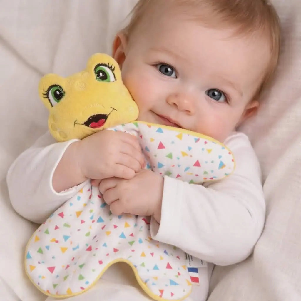 doudou grenouille jaune bébé fait main tissu triangle