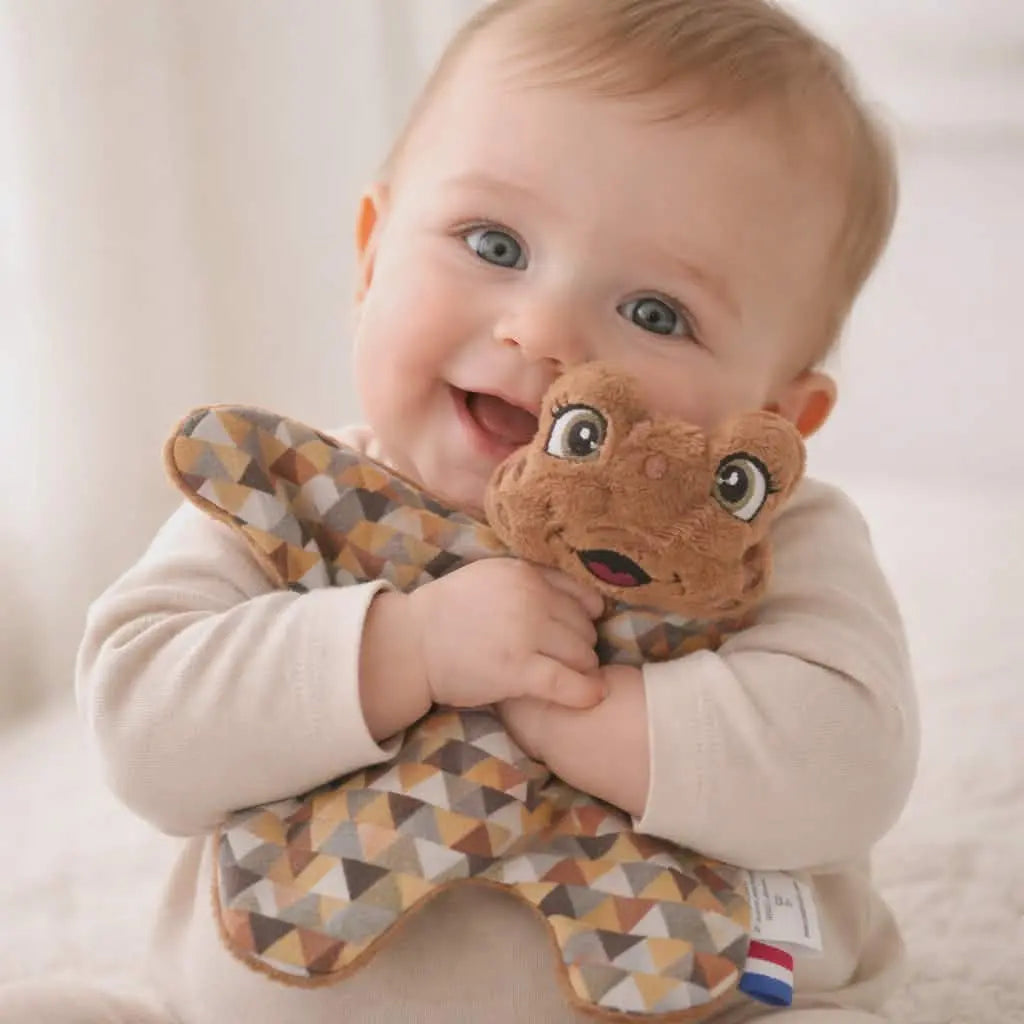 doudou grenouille marron foncé bébé fait main tissu triangle