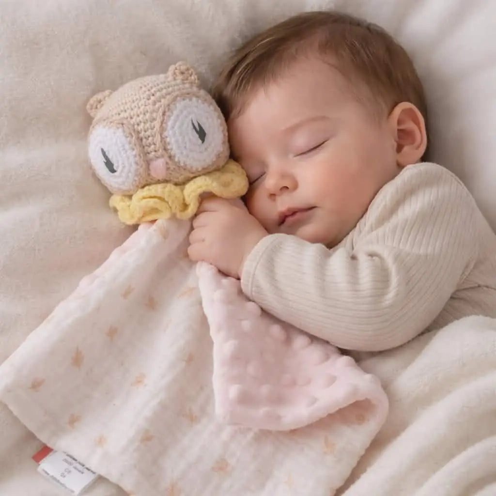 Doudou hibou Sora fait main au crochet, personnalisable avec prénom, parfait pour enfant