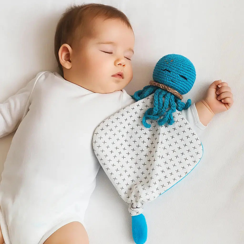 Doudou pieuvre au crochet fait main avec prénom personnalisé

