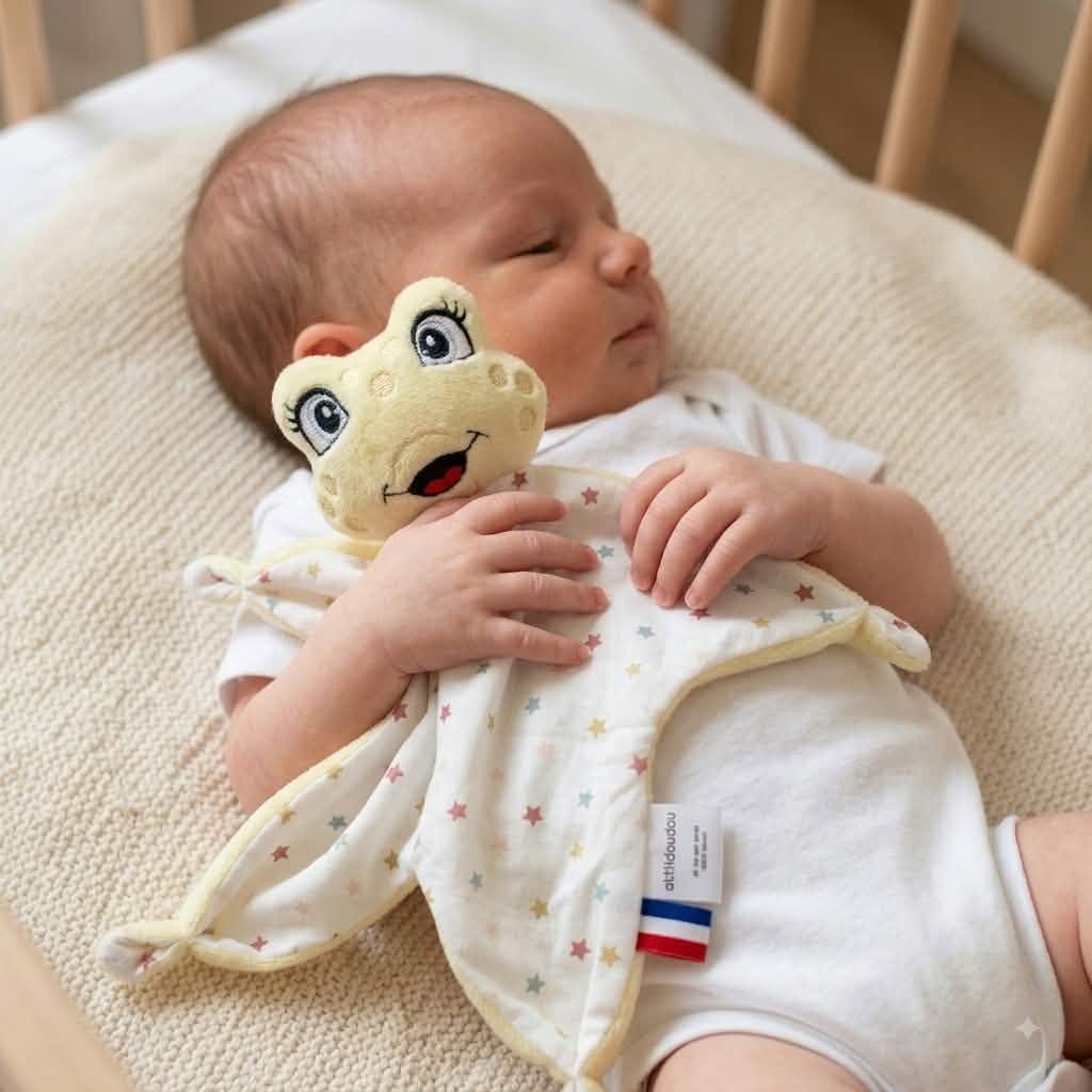 Nouveau-né dans son berceau tenant un doudou plat grenouille écru à motif étoiles pastel