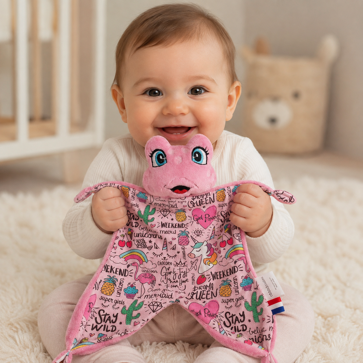Bébé fille souriante tenant un doudou plat grenouille rose à motifs licorne et flamant rose