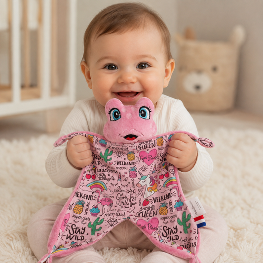 Bébé fille souriante tenant un doudou plat grenouille rose à motifs licorne et flamant rose