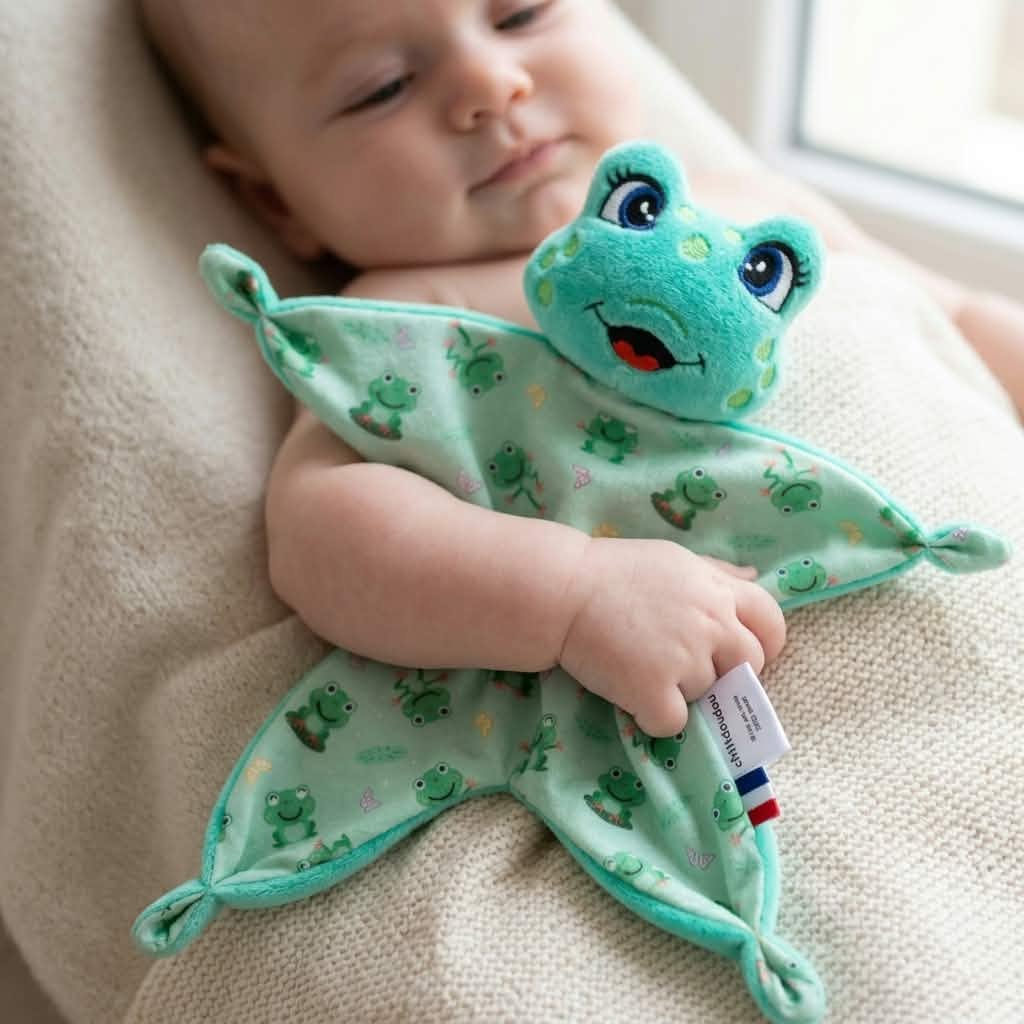 Bébé tenant un doudou plat grenouille vert menthe à motif petites grenouilles