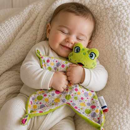 Bébé endormi souriant en câlinant un doudou plat grenouille verte à motifs pois multicolores