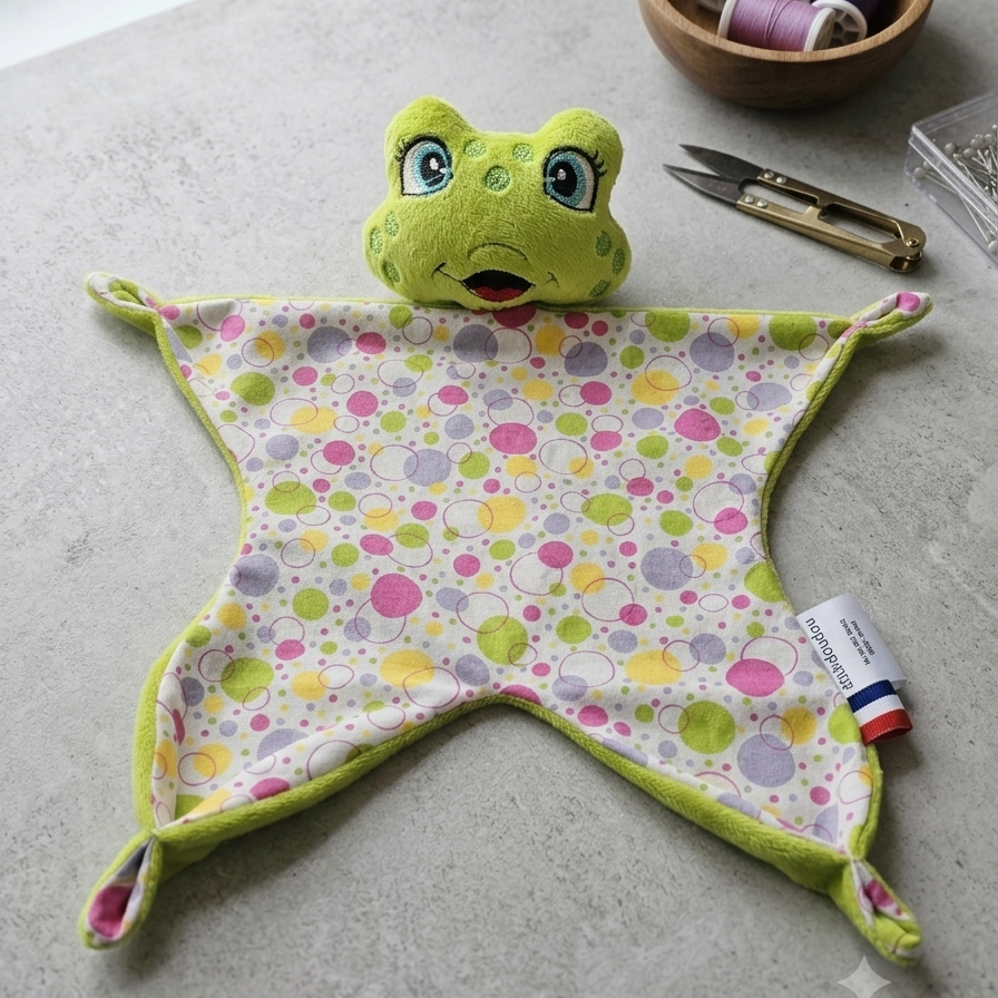 Doudou plat grenouille verte à motifs pois multicolores posé sur un plan de travail