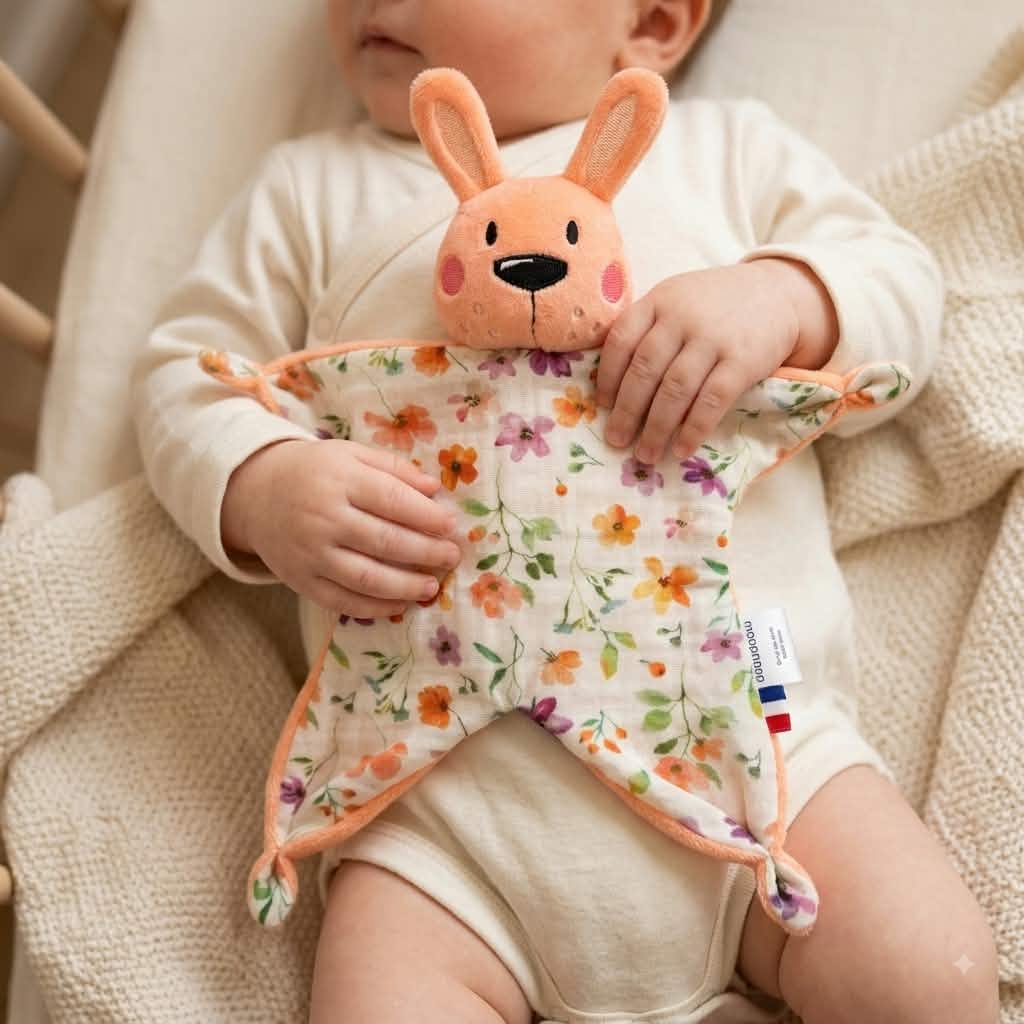 Bébé tenant un doudou plat lapin abricot chtitdoudou à motif floral aquarelle
