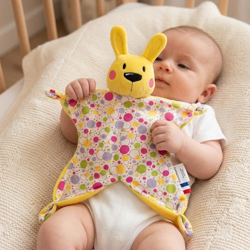 Bébé dans son berceau tenant un doudou plat lapin jaune à motif pois multicolores