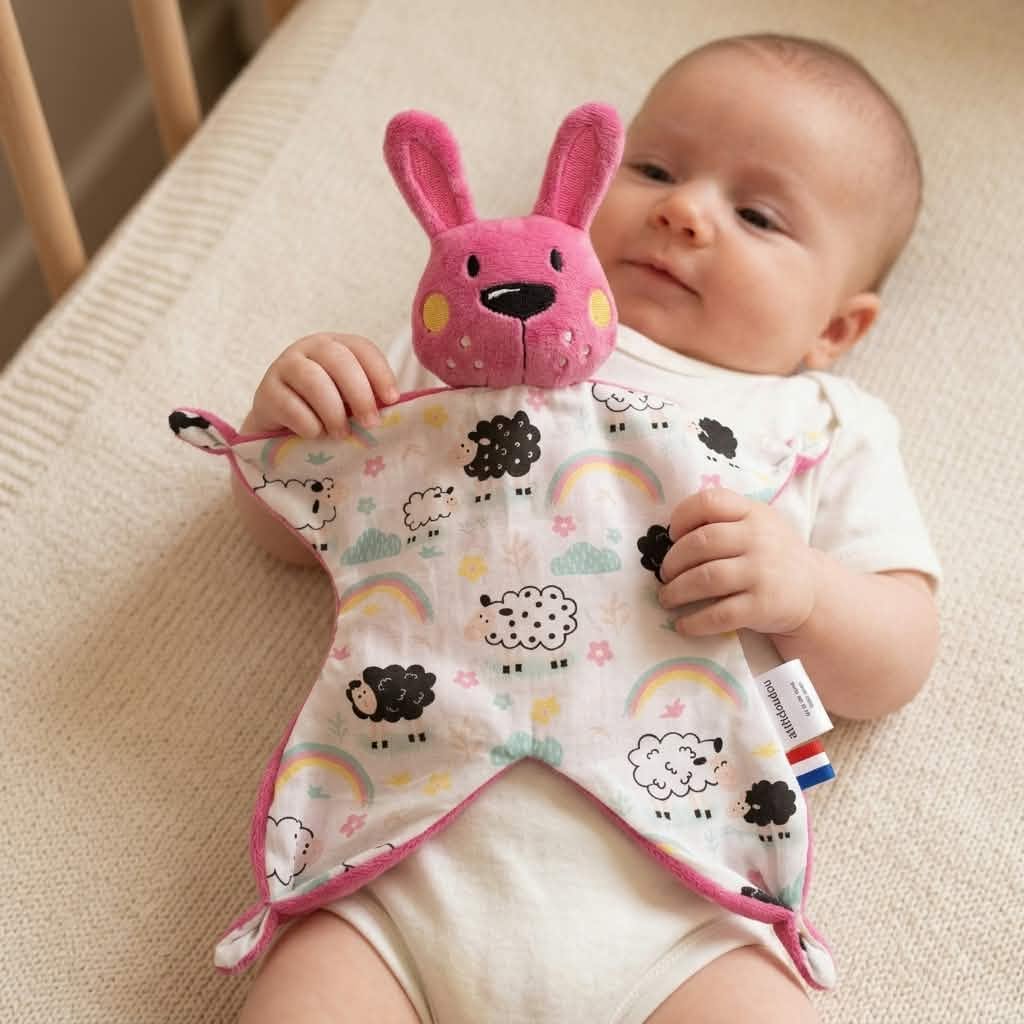 Bébé tenant un doudou plat lapin rose à motif moutons et arc-en-ciel