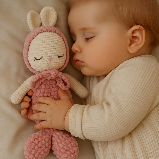 bébé endormi tenant un doudou lapin fait main