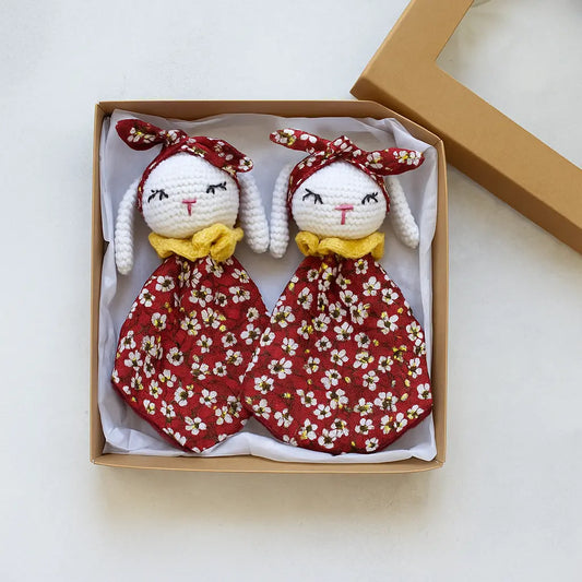 coffret jumeaux personnalisé avec deux doudous crochet faits main

