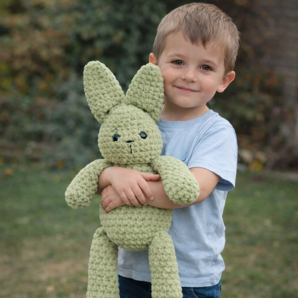 Lapin XL au crochet vert sauge de 57 cm tenu par un enfant, doudou géant fait main
