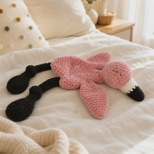 Peluche flamant rose crocheté artisanale en laine chenille pour cadeau de naissance bébé