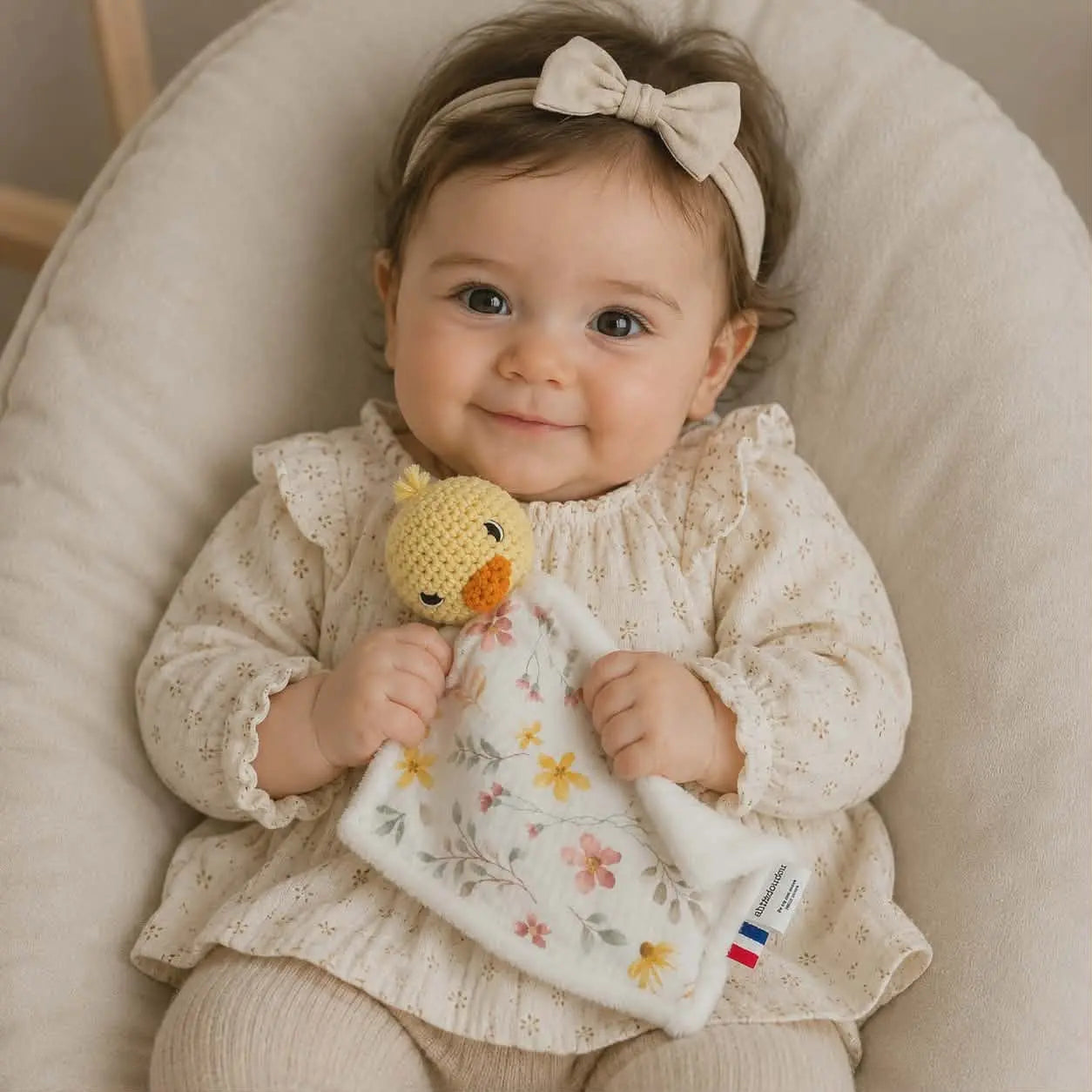 Petit doudou poussin au crochet fait main en tissu fleuri pour bébé