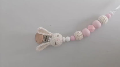 Attache tétine lapin au crochet – Perles bois & silicone – Cadeau naissance