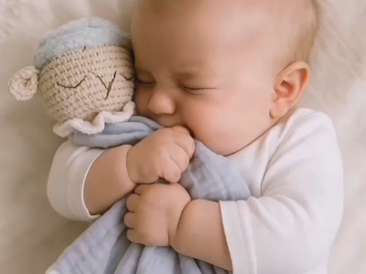 Charger la vidéo : Un bébé tenant tendrement son doudou