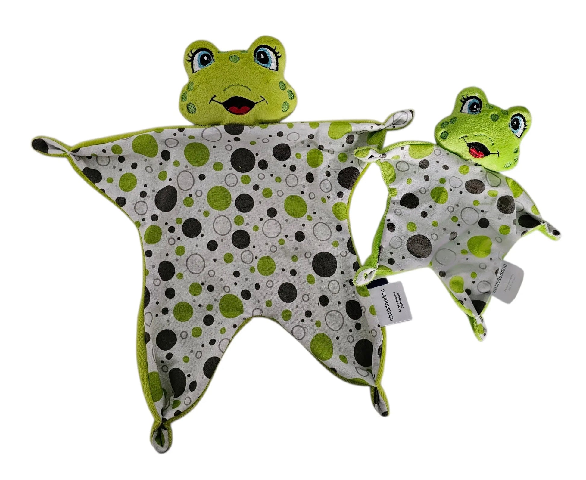 Mini Doudou Grenouille Bébé 16 cm – Lange Coton Doux à Pois Verts chtitdoudou